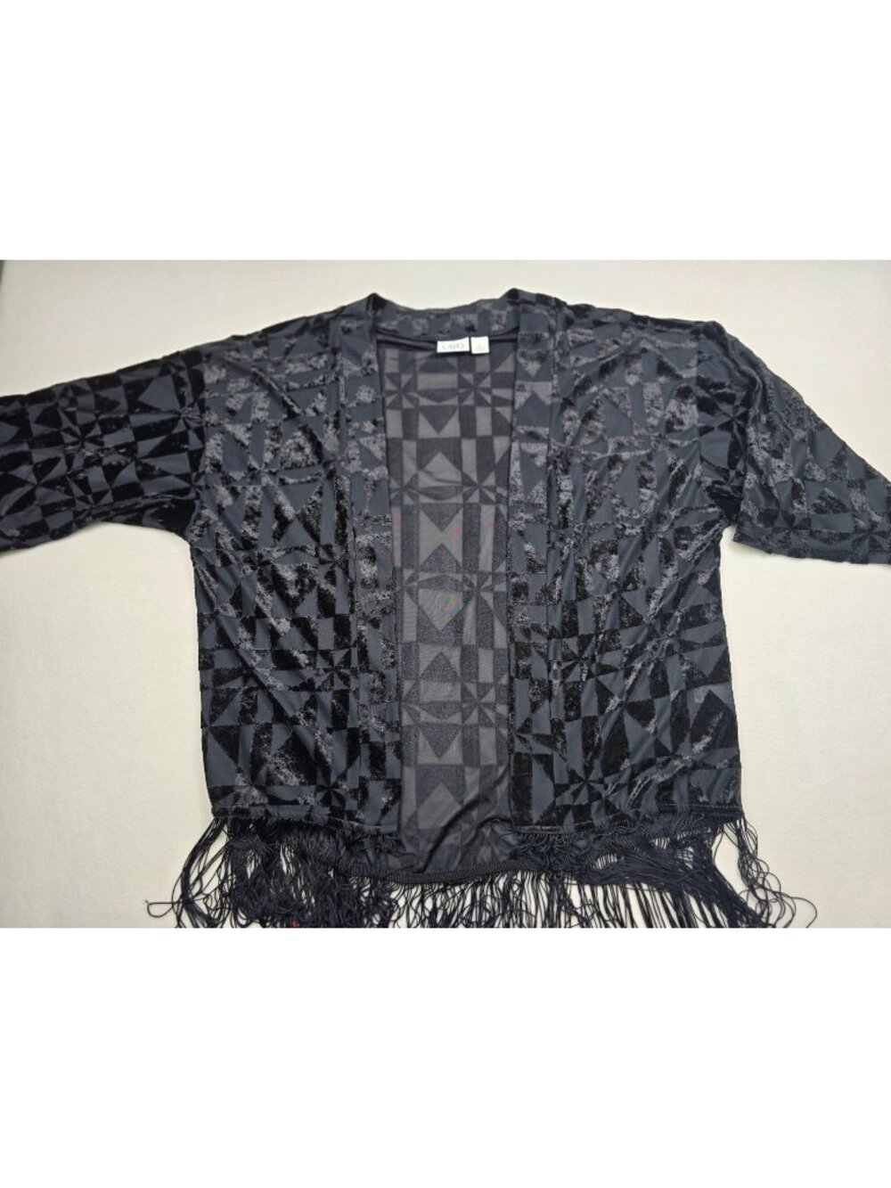 Cato S Black Fringe Open Front Sheer Velvet Burnout Kimono Cardigan Whimsigoth